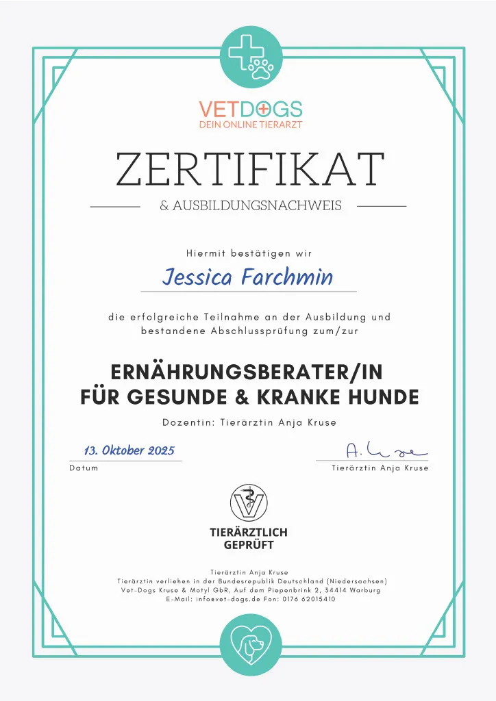 Zertifikat VetDogs – Hundeernährungsberaterin